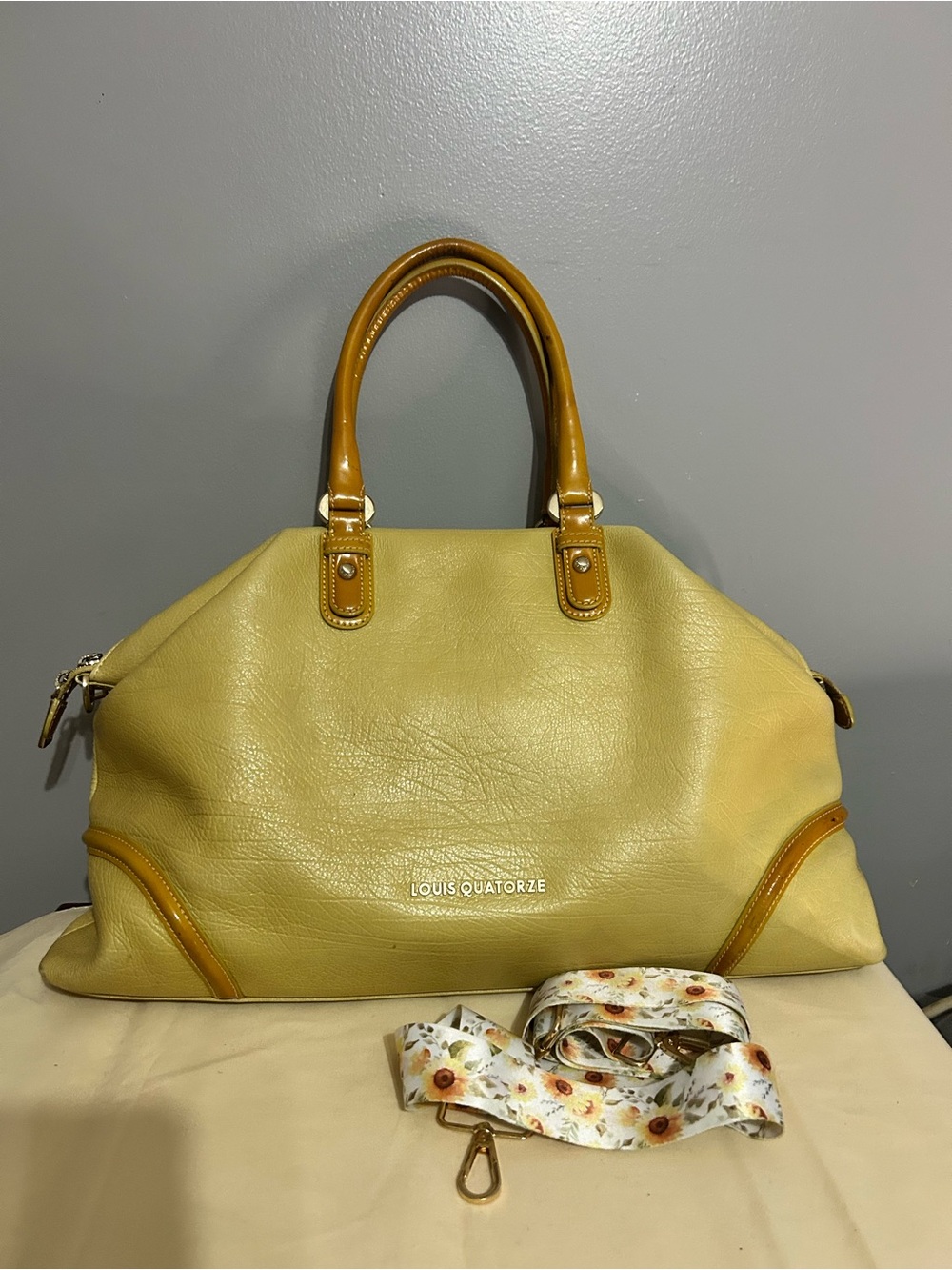 Louis Quatorze Satchel Square Grain Leather Designer Bag Pale Yellow Top Handle